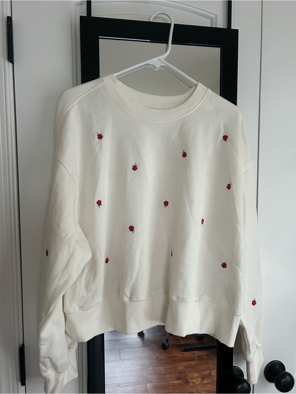 Old Navy Cream Sweatshirt with Red Rose Embroidery-Large